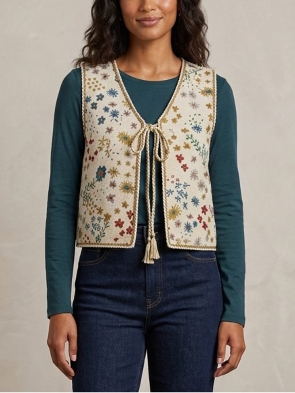 Vinatge Inspired Tie Front Ornate Vest Women’s Size Medium